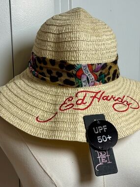 Ed Hardy Women’s Straw Wide Brim Sun Hat with Leopard Scarf